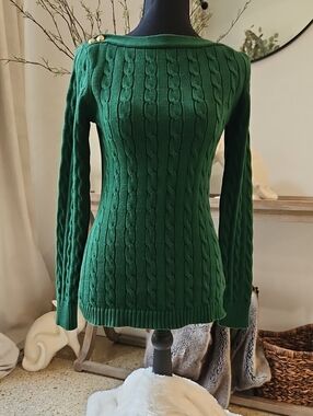 Women's Cable Knit Boatneck Sweater - Green. Size S
